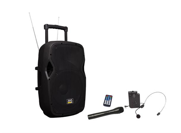 AMS portabel PA med batteri & mikrofon 116dB,hånd/bøyle mik,15"+1",Bluetooth