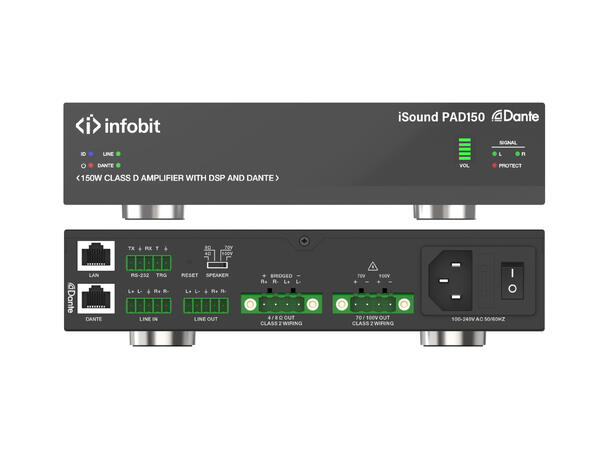 InfoBit - iSound PAD150 2x75W Forsterker Dante 2CH amp 2x75w 4O/8O/70V/100V